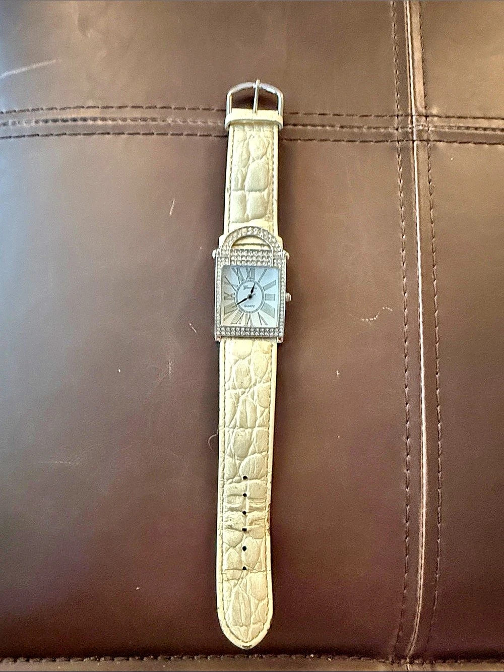 Geneva Crystal-Set Rectangular Quartz Watch in White